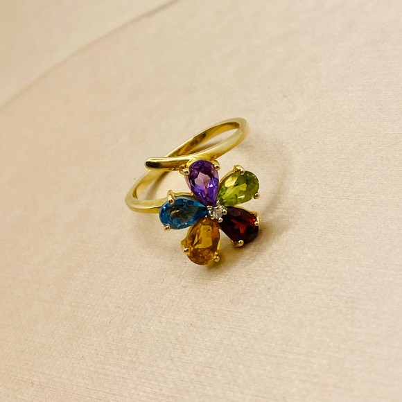 EUC Estate 10k Yellow Gold Genuine Multi-Colored Gemstone & Diamond Flower Ring - Picture 12 of 17
